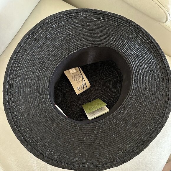 NWT GUCCI Straw Hat Black Ribbon How GG Sz XL 59 cm - Picture 7 of 10